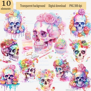 Clipart z czaszkami z cukru na Dzień Zmarłych – Tęczowe akwarele PNG na kartki, dzienniki, świąteczne Halloween i meksykańską sztukę ludową