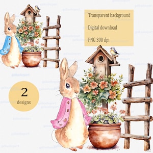 Design en sublimation de lapin de jardin PNG : Clipart de Pâques Peter Rabbit, pot de fleur, nichoir en bois et échelle vintage, jardinage