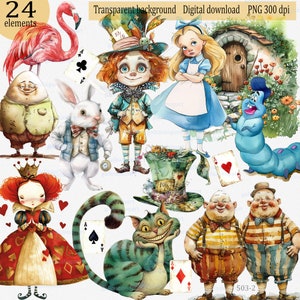 Alice in Wonderland PNG Clipart: Watercolor Fairytale Characters and Elements