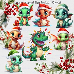 クリスマス帽子をかぶったドラゴンのPNGクリップアート、冬の休日のイラスト、かわいい赤ちゃんドラゴンの画像、ファンタジーなクリスマス恐竜、昇華デザイン