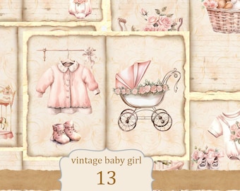 Baby Girl Cards, Printable junk journal pages, Collage Sheet, Ephemera kit, beige and pink colors, vintage style clothes, accessories, roses
