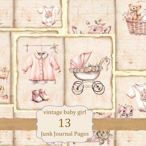 Baby Girl Cards, Printable junk journal pages, Collage Sheet, Ephemera kit, beige and pink colors, vintage style clothes, accessories, roses