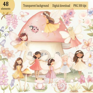 Tuinfee aquarel clipart png, betoverd bos, pastel sprookje graphics, er was eens, bloemenland, paddenstoelenhuis, kwekerij