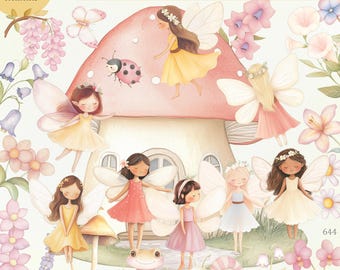 Garden Fairy Watercolor Clipart PNG, Enchanted Forest, Pastel Fairy Tale Graphics, Once Upon a Time, Flowers Land, Mushroom House, Nursery