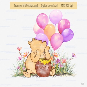 Classico Winnie the Pooh con miele e palloncini su un prato estivo con fiori: disegno PNG per stampa a sublimazione; Clipart di un orso acquerello