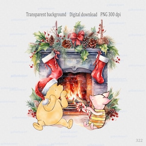 Diseño de sublimación clásico de Winnie the Pooh y Piglet junto a la chimenea: Primera Navidad del bebé, clipart de acuarela PNG, oso y cerdo navideños