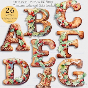 Conjunto de 30 imágenes prediseñadas del alfabeto de jengibre: fuente navideña de acuarela, gráfico de letras individuales, PNG transparente de sublimación, monograma de invierno