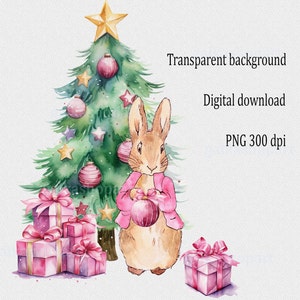 Aquarell Rosa Peter Rabbit Weihnachtsdesign: Flopsie Bunny Weihnachtsbaum Clipart PNG, Sublimationsdruck, Kartenherstellung, Baby, erste Weihnachten