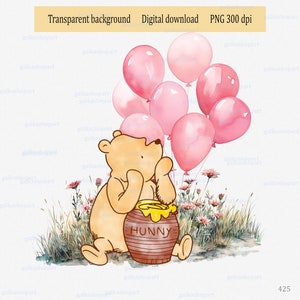 Classico Winnie the Pooh con miele e palloncini su un prato estivo con fiori: disegno PNG per stampa a sublimazione; Clipart di un orso acquerello