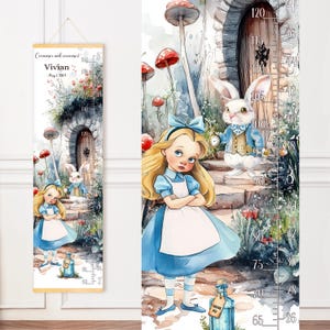 Aangepaste lengtetabel meisje, Alice in Wonderland thema gepersonaliseerde groeimeter, wanddecoratie kinderkamer, doopcadeau baby, 1e verjaardag kinderen