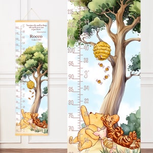 Messlatte mit Vintage Winnie Puuh und seinen Freunden, die unter dem Baum liegen
