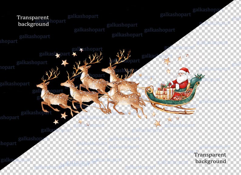 PNG Clipart of Santa in a Sleigh Full of Gifts, Pulled by Reindeer ...
