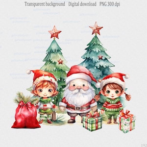 Aquarelle, Père Noël et sapin de Noël sublimation PNG : Réveillon de Noël clipart, bébé 1er Noël, illustration hiver, PNG transparent
