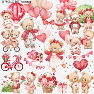 Puede incluir: Colección de ilustraciones en acuarela con osos de peluche con corazones, globos y flores. Los osos visten trajes rojos y rosas, sostienen regalos y montan en bicicleta. Perfecto para el Día de San Valentín.