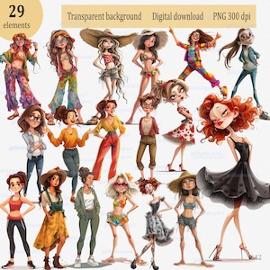 Cute Whimsical Girls: Sublimation PNG designs, Quirky Graphics, Humorous Caricature, Cartoon Woman Clipart, set of 29
