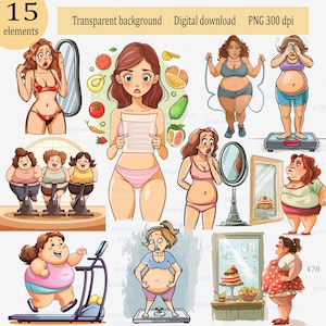 Set of 15 Humorous caricatures of funny women losing weight: cartoon fitness lady, cheerful fat girl strives for an ideal body, Clipart PNG