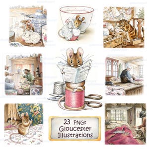 Tailor of Gloucester Clipart Set: Vintage Storybook Mouse PNG Illustrations, Beatrix Potter Inspired Nursery Art & Crafts