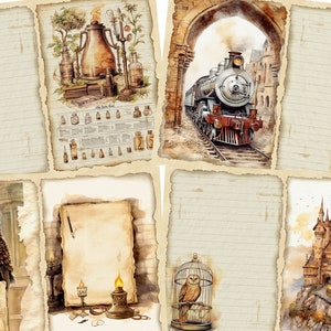 May include: A collage of vintage-style images featuring a train, an owl, a castle, and a collection of bottles. The images are set against a background of lined paper with torn edges.