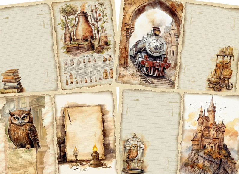 May include: A collage of vintage-style images featuring a train, an owl, a castle, and a collection of bottles. The images are set against a background of lined paper with torn edges.
