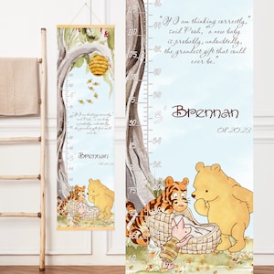 Klassieke lengtetabel voor Winnie de Poeh en pasgeboren baby; Gepersonaliseerde groeimeter, print aangepaste naam, inspirerend citaat, genderneutrale kinderkamer