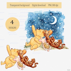Classico clipart PNG di Winnie the Pooh e amici: decorazioni per feste per bambini; disegno a sublimazione ad acquerello con l'orso Pimpi Tigro; genere neutro