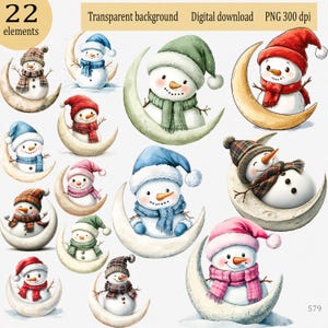 Weihnachts-Schneemann schaut hinter einer Mondsichel hervor: 22 PNG Clipart, Aquarell, niedlicher Winter-Schneemann mit Mütze und Schal, Merry Xmas Dekor