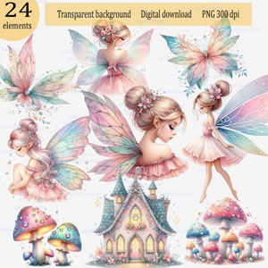 Clipart aquarelle jardin féerique : fées, papillon, maisons florales, champignons, couleurs pastel chatoyantes, fantaisie magique, fichier PNG