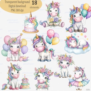 Lindo conjunto de imágenes prediseñadas de unicornio PNG: unicornios bebé arcoíris pastel con globos, flores y pastel para sublimación de cumpleaños, descarga digital para guardería