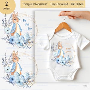 La mia prima Pasqua, Peter Rabbit con uova in corona floreale, PNG sublimazione, personaggi di Beatrix Potter, Clipart di fiori ad acquerello Flopsy Bunny
