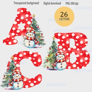 Clipartset van 26 individuele aquarelbrieven met kerstmis met schattige sneeuwpop en kerstboom: sublimatie-png's op transparant, wintermonogram
