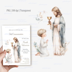 Könnte beinhalten: Aquarell-Illustration von Jesus mit einem Kelch, neben einem knienden Jungen im Gebet. Das Bild enthält florale Elemente und eine Erstkommunion-Einladung mit Text.
