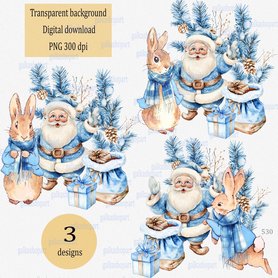 Christmas Peter Rabbit Clipart PNG: Watercolor Bunny in Blue Plaid ...