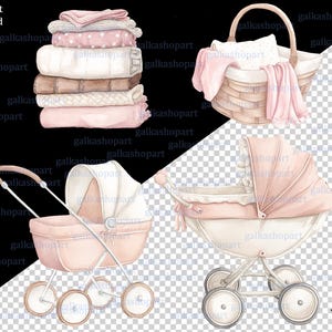 Pink Baby Girl Clipart Set: Watercolor Nursery Decor, Stroller, Toys ...