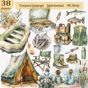 Ensemble de pêche clipart PNG : matériel d'aquarelle et poisson, pêcheur, voyage touristique et matériel de camping, fabrication de carte pour la fête des pères et des pêcheurs
