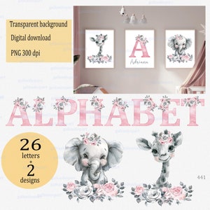 Elefante bebê e girafa com alfabeto cinza rosa claro clipart PNG: 26 letras individuais com borda de rosas, desenho floral em aquarela