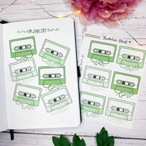 Green Mixtape Playlist Tracker Planner Stickers | Decorative & Functional Planning | Song | Retro Tapes | Music | Media
