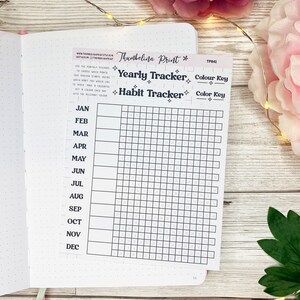 May include: A black and white printable habit tracker with a grid for each month of the year. The tracker is labeled "Yearly Tracker" and "Habit Tracker".
