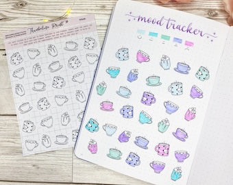 May include: A mood tracker page with a colorful scale of emotions and a pattern of teacups. The teacups are in various colors, including blue, purple, pink, and green. The page is titled "mood tracker" and has a grid of dots.