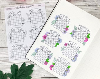 Floral Blank Mini Calendar Planners Sticker | Journal | Decorative & Functional Planning | Black And White | Calendars | Floral | Colour In