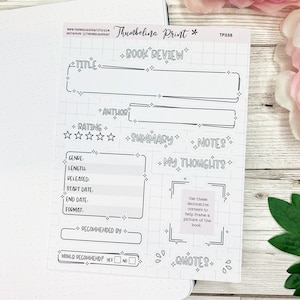 Grey Book Review Sticker Kit Sheet | Decorative & Functional Planning | Journal Stickers | Book Stickers | Reading Journal | Book Journal