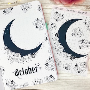 May include: A sheet of black and white stickers featuring a crescent moon with floral designs. The sheet is labeled "Thumbellina Print" and "TP150".