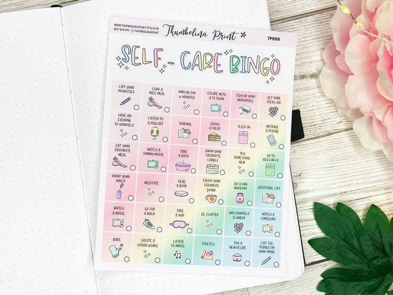 May include: A self-care bingo card with a rainbow gradient background and illustrations of self-care activities. The card features prompts such as "Cook a nice meal," "Watch a movie," and "Enjoy a treat." The text "SELF-CARE BINGO" is at the top.