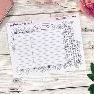 May include: A white rectangular paper tracker sheet featuring black line art of flowers along the top and bottom borders. The sheet includes columns labeled Product, Thoughts, and Rating with rows of stars for tracking and the text Thumbelina Print.