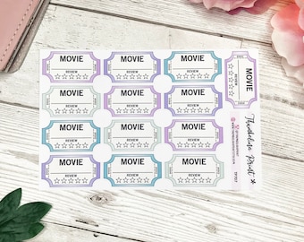 Movie Ticket Tracker Stickers In A Lavender And Mint Colour Palette For Bullet Journals, Decorative And Functional Planning
