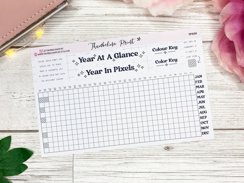 May include: A printable year at a glance and year in pixels tracker. The tracker is a grid with 12 rows and 31 columns. The months of the year are listed on the right side of the grid. The text "Year at a Glance" and "Year in Pixels" is at the top of the grid. The text "Colour Key" is at the top right of the grid.