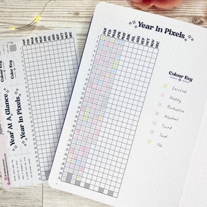 Op de afbeelding: Een jaarplanner in pixels met een kleurenkaart om stemmingen en activiteiten bij te houden. De kaart bevat kleuren voor opgewonden, blij, productief, neutraal, moe, verdrietig en ziek.
