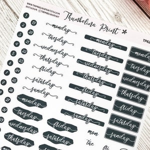 Pegatinas de días de la semana en blanco y negro / Planificación decorativa y funcional / Pegatinas para bullet journal / Pegatinas con texto / Pegatinas para días de la semana