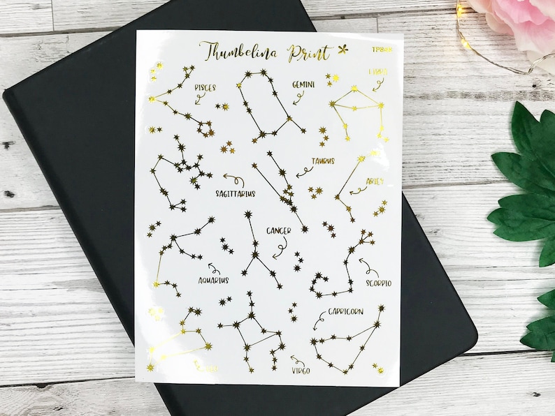 May include: A sheet of gold foil constellation stickers with the names of each zodiac sign written in black ink. The sheet includes the signs of Aries, Taurus, Gemini, Cancer, Leo, Virgo, Libra, Scorpio, Sagittarius, Capricorn, Aquarius, and Pisces.