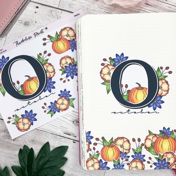 Oktober Floral Initial Titel Seite Planner Aufkleber | Dekorative & funktionale Planung | Bullet Journal | TN | Titelseite Spread