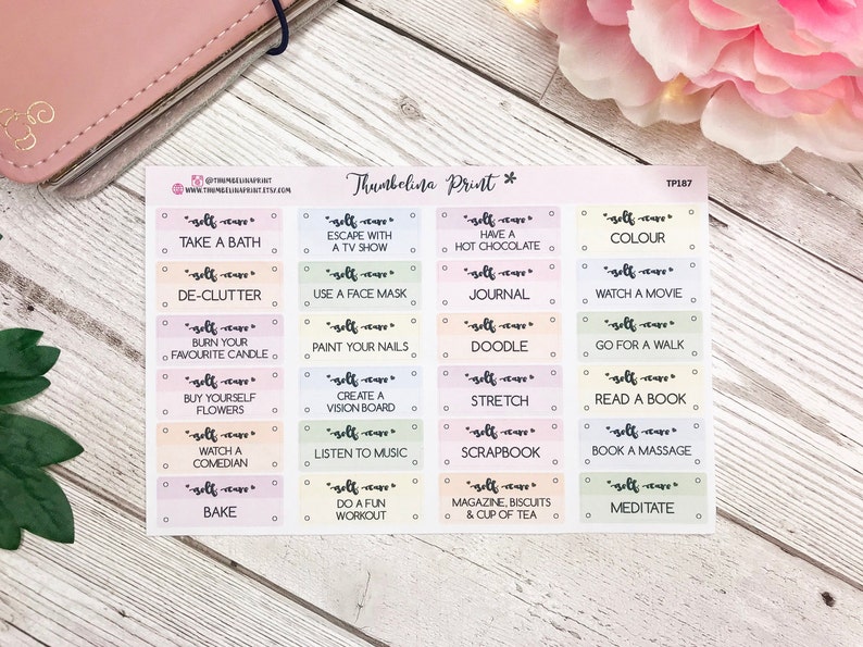 Self Care Planner Stickers Decorative & Functional Planning Self Care Stickers Script Stickers Me Time Pastel image 1